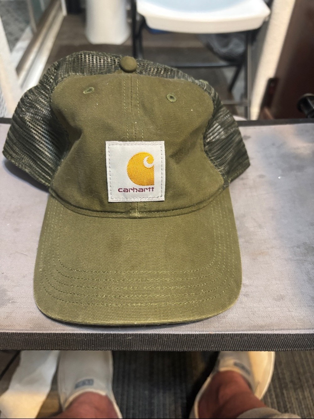 Carhartt Olive Green Mesh-Back Logo Cap with Yellow Patch